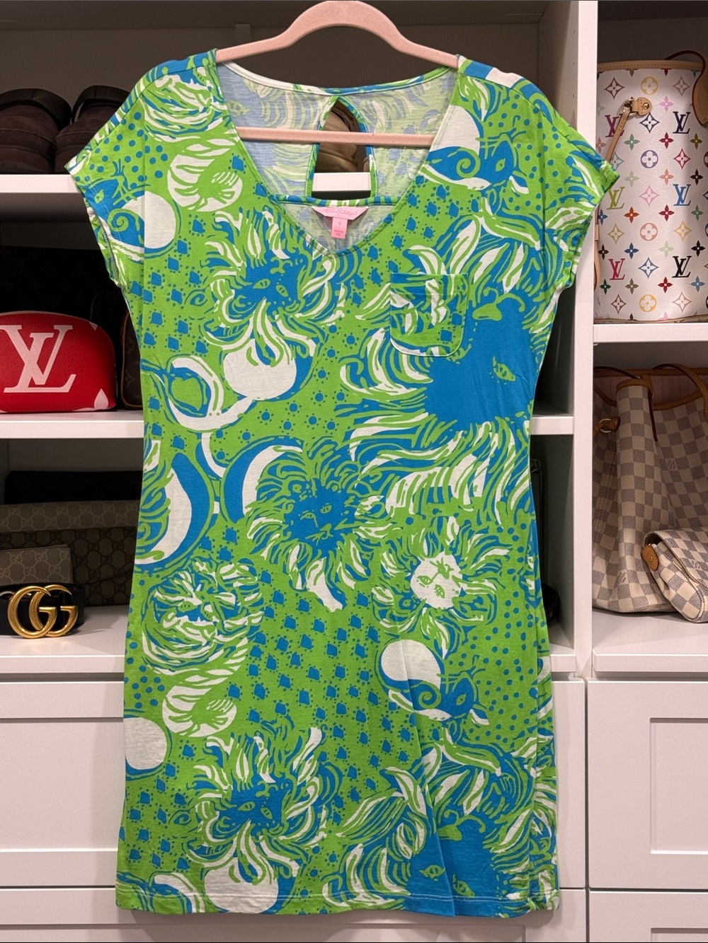 Lilly Pulitzer Green, Blue & White Floral Print V-Neck Dress